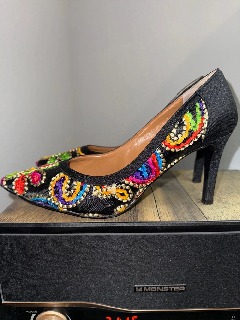J.Renee Black Pointed-Toe Heels with Multicolor Embroidered Swirls